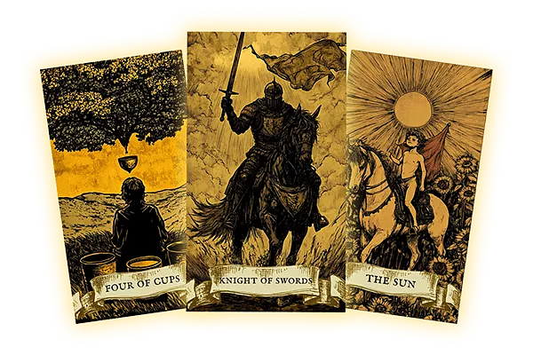 The Knight of Swords, the Four of Cups, and the Sun